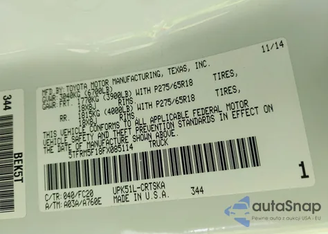 2015 Toyota Tundra Sr5 4.6L V8 из США, поврежденный, VIN 5TFRM5F18FX085114